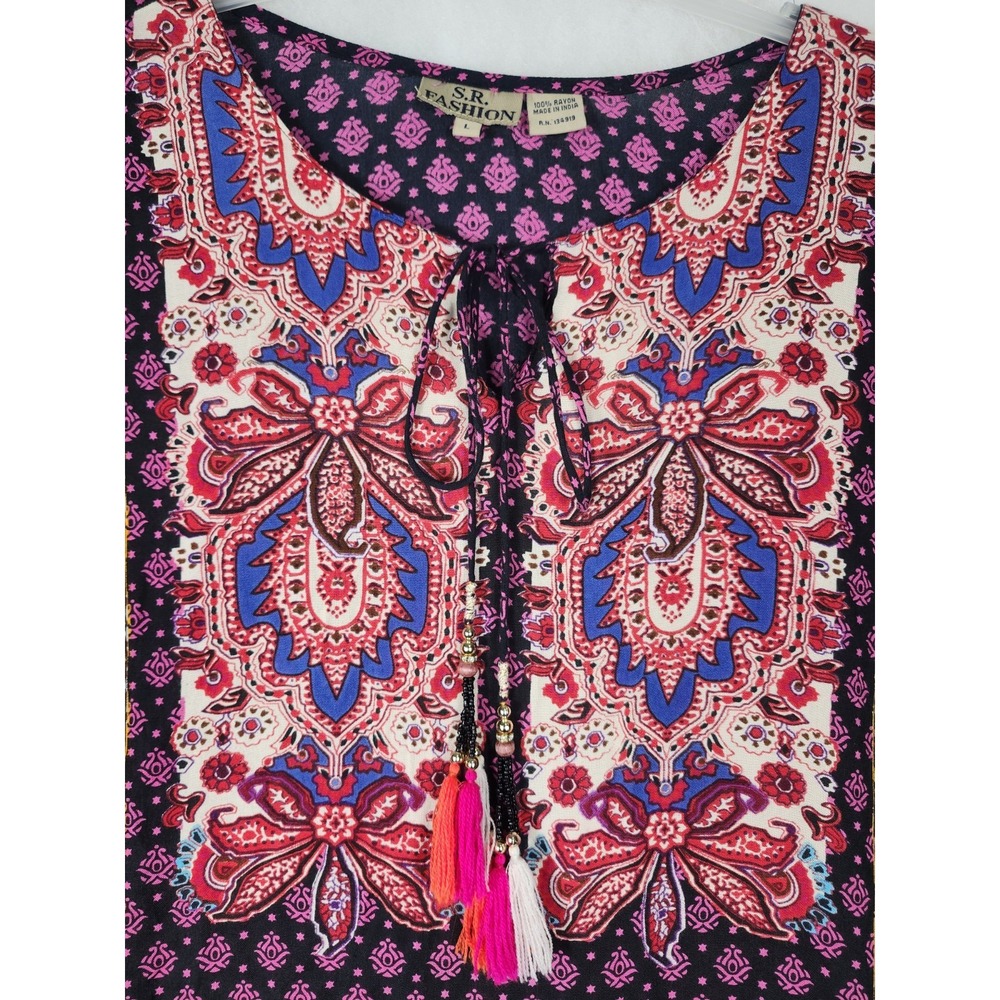 Lg S.R. Fashion Multicolor Floral Dress Boho Cruise Resort Vacation Fringe Beads - Picture 4 of 7